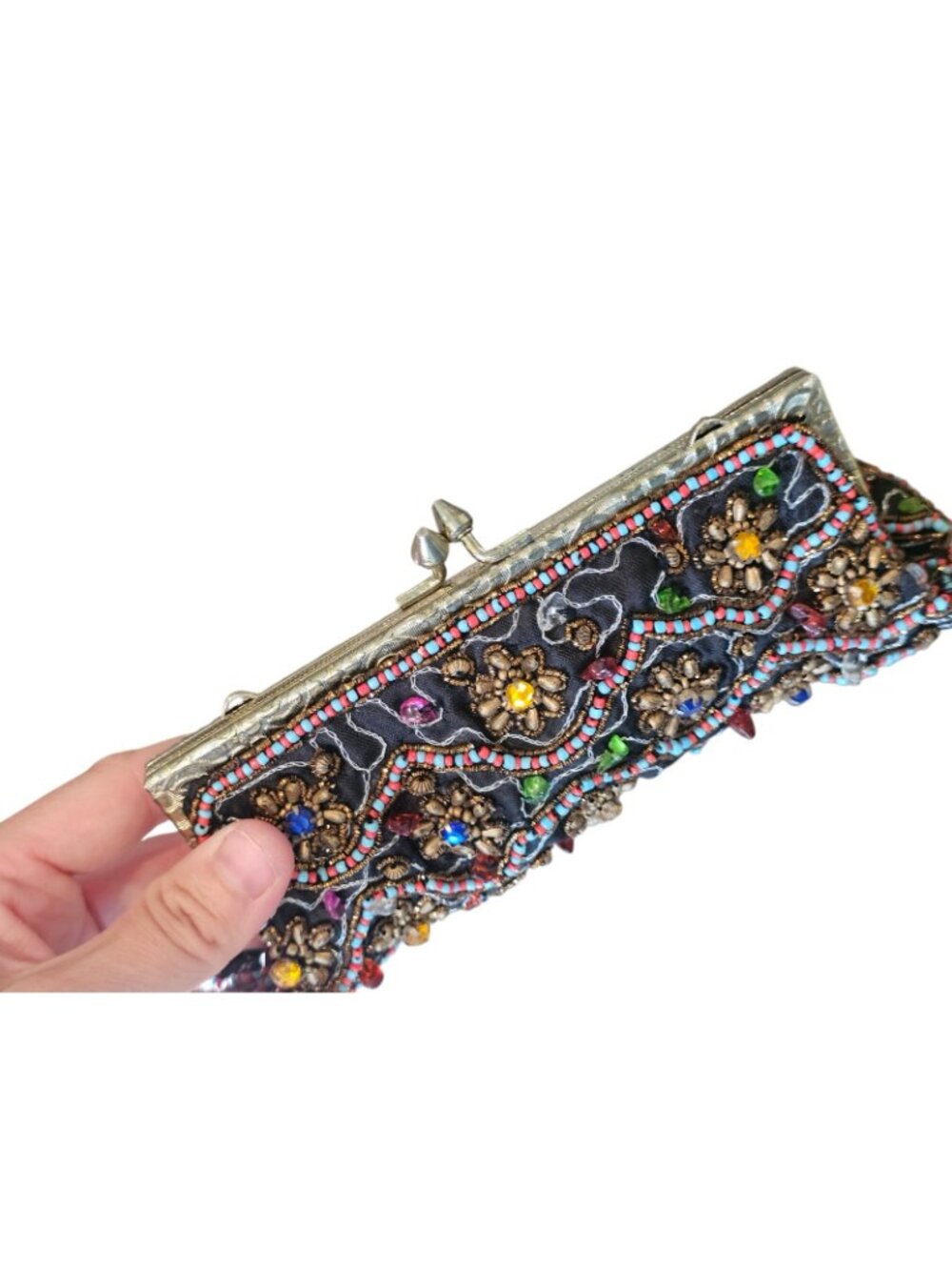 VTG‎ Black Beaded Evening Bag Clutch Floral India - Picture 2 of 13